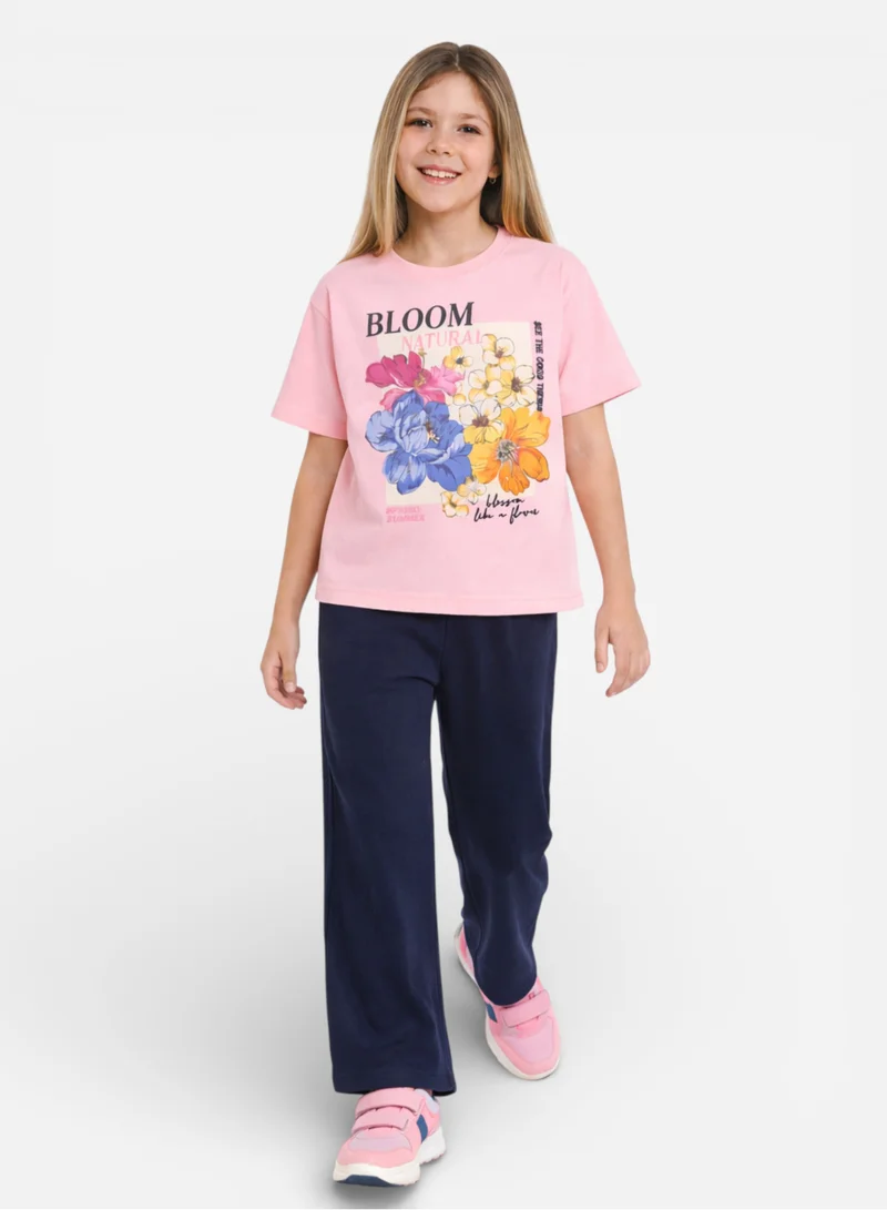 Victor And Jane  Girls Floral Print T-Shirt & Pants Set – Pink & Navy for Women | Best Price UAE